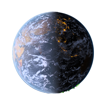 3D render of Earth, showing landmasses, oceans, and glowing city lights at night